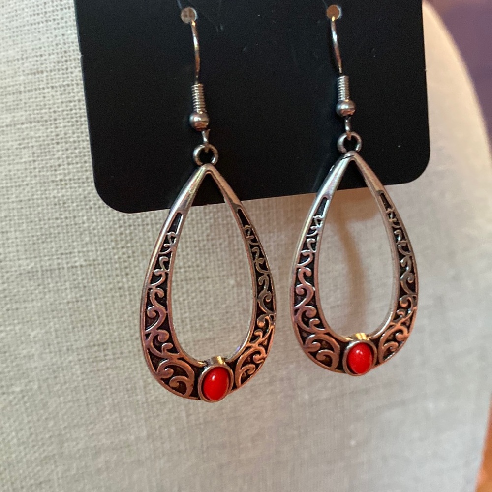New Silver and Red Dangle Earrings